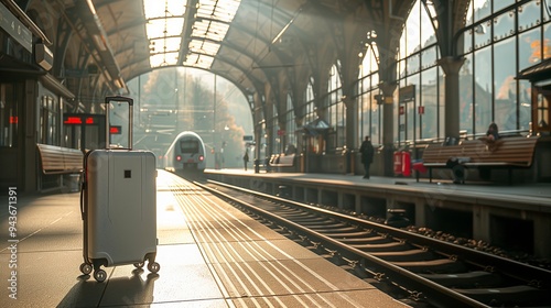 A traveler waits at a sunlit train station with a wheeled suitcase, travel advertise, tourism advertising, copy space for text, tour advert photo