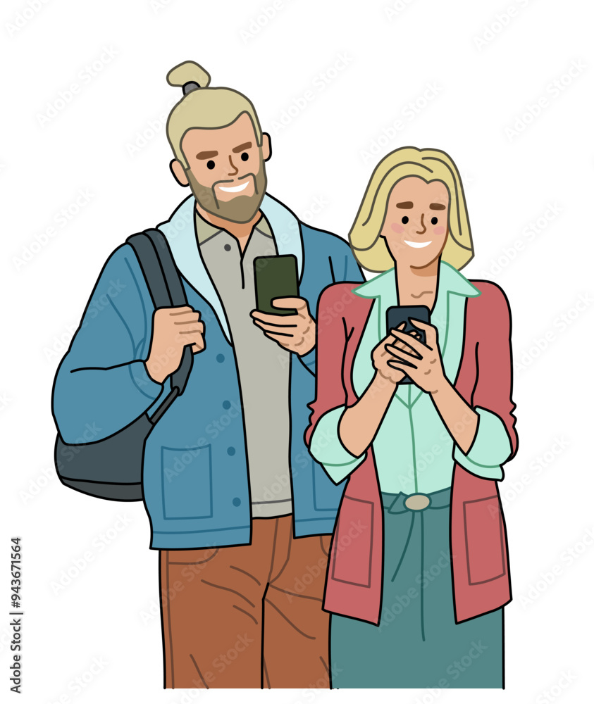 Man and Woman, Boy and Girl. Couple, People or Friends hold and scrolling on smart phone, correspond in messengers, view or publish news in social networks.
Vector flat cartoon graphic illustration.