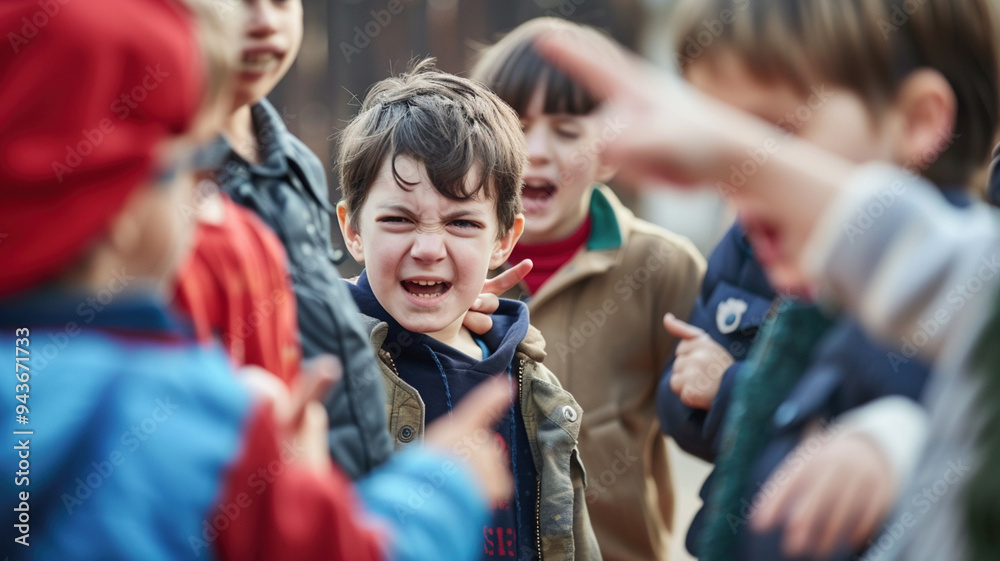 A bullied boy stands in the middle center of a crowd of group of children who laugh at him. Bullying and problems at school, educational high school, loneliness and solitude of kid A bullied boy stands in the middle center of a crowd of group of children who laugh at him. Bullying and problems at school, educational high school, loneliness and solitude of kid