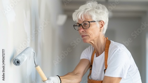 elderly woman painting interior wall with a paint roller brush in a new house, DIY home renovation, senior lifestyle