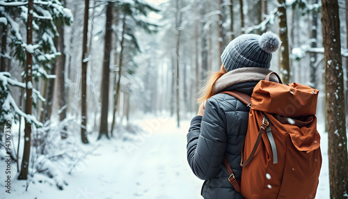 Female tourist traveler in winter forest with a backpack enjoy a lonely travel in a snowy weather isolated with white highlights, png photo