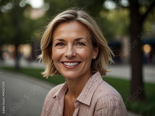 Cheerful middle-aged Caucasian woman smiling outdoors, city setting