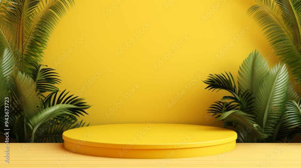 3d tropical yellow product podium with palm tree for beauty showcase and cosmetics mockup 3d tropical yellow product podium with palm tree for beauty showcase and cosmetics mockup