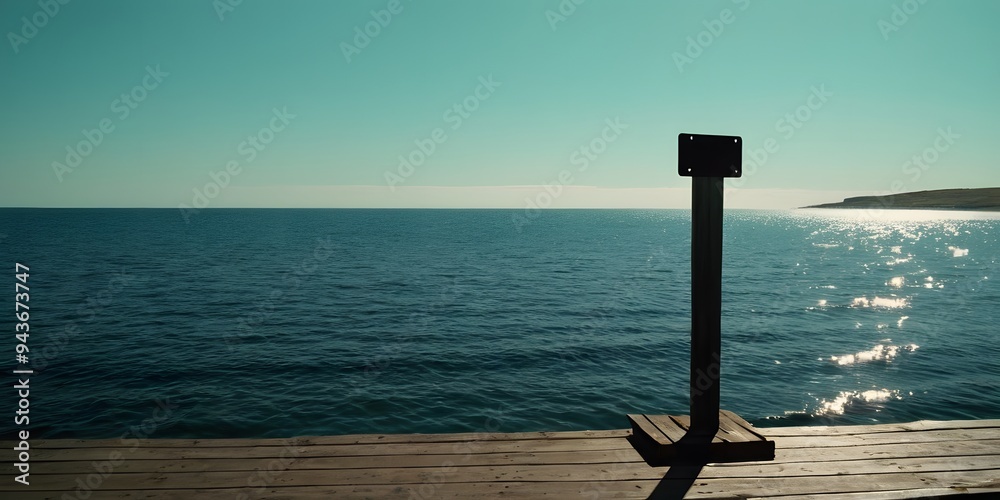 Fototapeta premium A weathered metal plate mounted on a pole at the end of a wooden quay bridge, overlooking the calm sea under a clear sky.