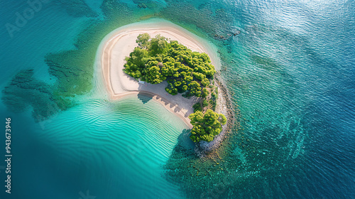 A small sandy island located in the middle of a calm sea, clear turquoise sea water