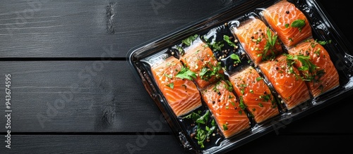 Salmon fillets in a vacuum blister pack arrangement garnished with herbs on a black wooden table background top view flat lay with copyspace for text photo