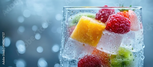 Ice cubes with fruit in a g...