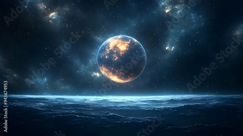 A glowing planet in a starry sky over an alien ocean.