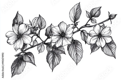 Black and white Vintage engraved art of black-eyed Susan vines, isolated on white background, ink sketch illustration, simple vector art design, highly detailed line art, high contrasty  photo