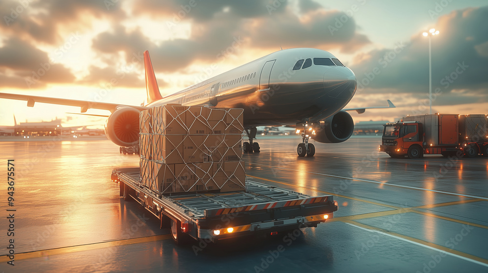 Air Cargo Loading with Pallets at Airport. Cargo pallets on a loading truck ready for air shipment near an aircraft at sunrise, highlighting global air freight logistics. Air Cargo Loading with Pallets at Airport. Cargo pallets on a loading truck ready for air shipment near an aircraft at sunrise, highlighting global air freight logistics.