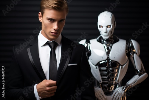 Man accompanied by advanced robotic assistant for increased efficiency and productivity