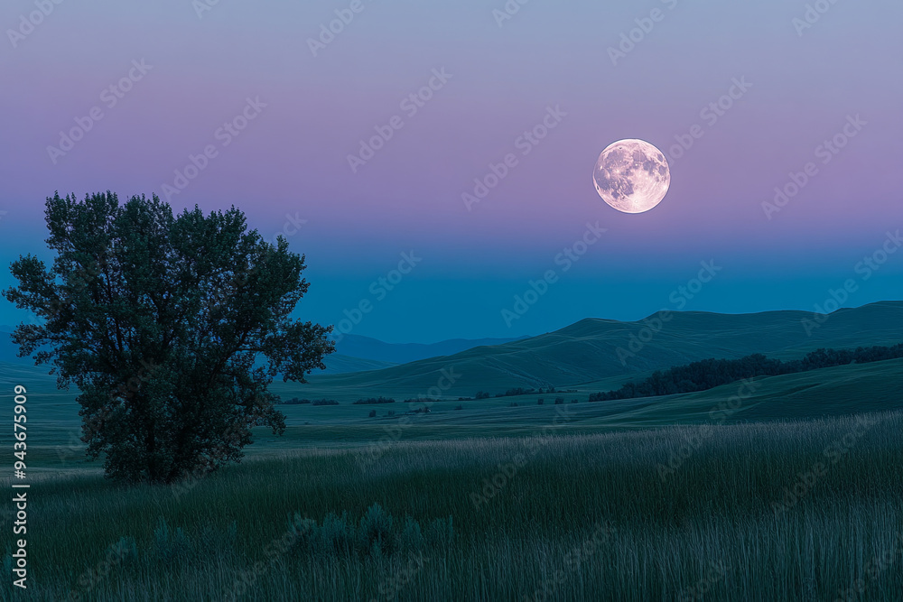 Full moon rising over a serene hillside, casting a gentle glow on the landscape at dusk
