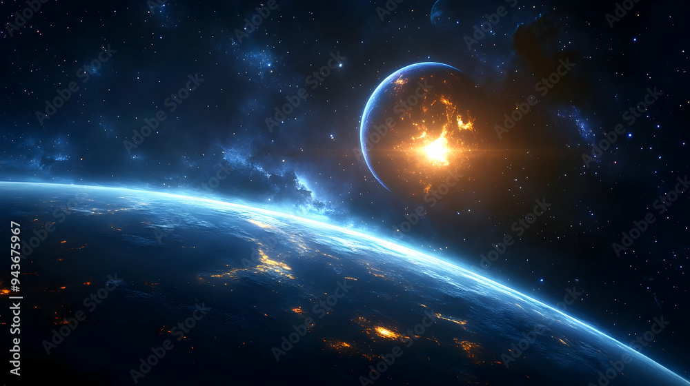 A glowing planet with a burning sun in the background. A glowing planet with a burning sun in the background.