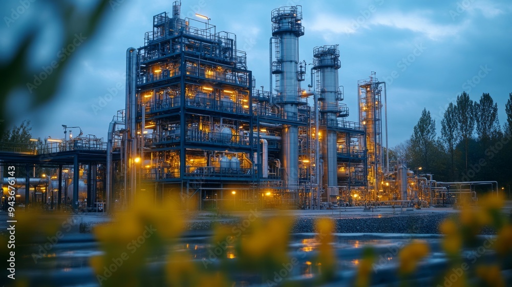 Fototapeta premium A chemical plant operates at dusk, showcasing illuminated structures against a backdrop of nature.