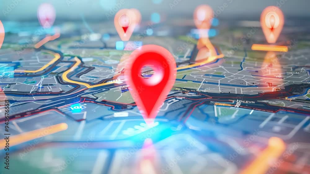A detailed close-up of a map showcases various pin markers, highlighting significant locations. Each pin represents a unique destination, inviting exploration and adventure.
