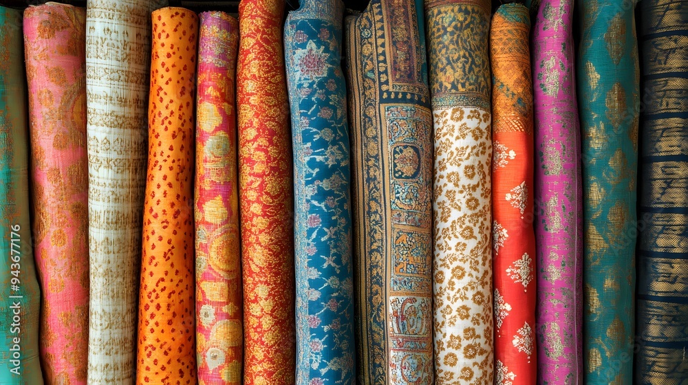 Detailed close-up of woven textiles from India with intricate patterns and vibrant colors Detailed close-up of woven textiles from India with intricate patterns and vibrant colors