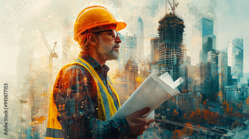 Architect reviewing blueprints at a construction site with skyscrapers in the background
