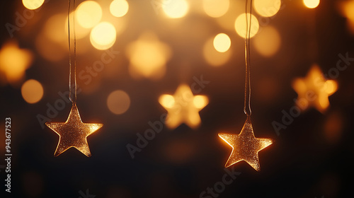 Christmas background with golden bokeh lights and star on dark backdrop. Festive and Christmas holiday decoration. Merry Christmas and Happy New Year. For greeting card, invitation, banner, poster