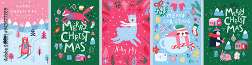 Christmas card set - hand drawn cute flyers. Postcards with lettering and Christmas graphic elements. Xmas prints. Vector illustration.