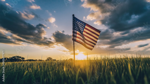 American Flag at Sunset in a Grassy Field