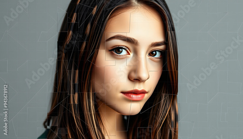 mosaic portrait of a brunette teenager girl, shattered identity concept isolated with white highlights, png photo