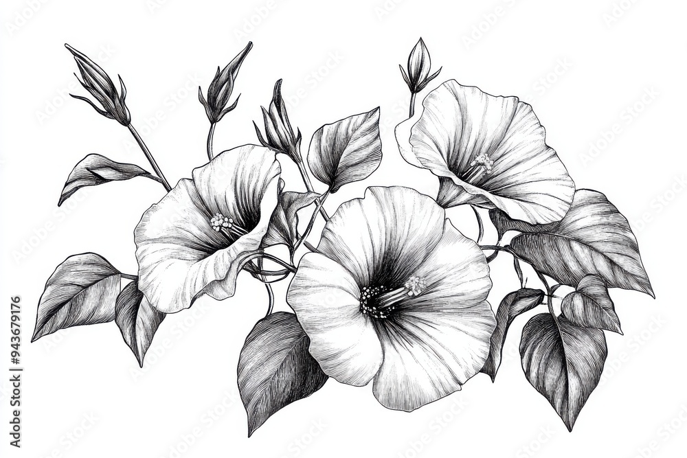 Fototapeta premium Black and white Vintage engraved art of moonflower vines, isolated on white background, ink sketch illustration, simple vector art design, highly detailed line art, high contrasty 
