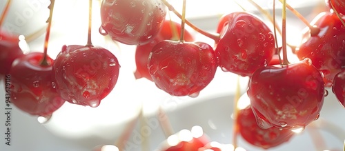 Close up of backlit ripe Stella cherries on a white background with copy space