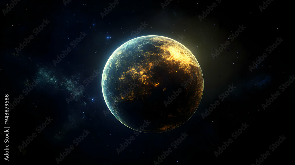 Fototapeta premium A glowing, gold-colored planet against a dark, starry sky.