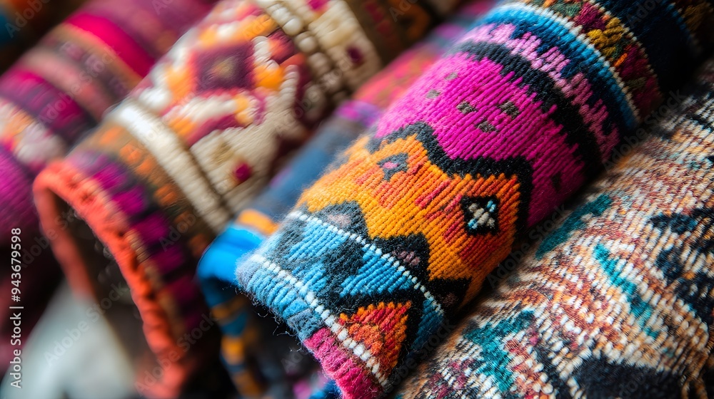 Textured close-up of handmade textiles from Peru with vibrant patterns and rich textures Textured close-up of handmade textiles from Peru with vibrant patterns and rich textures