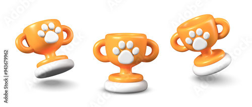 Gold cup with paw print. Trophy in tournament for pets