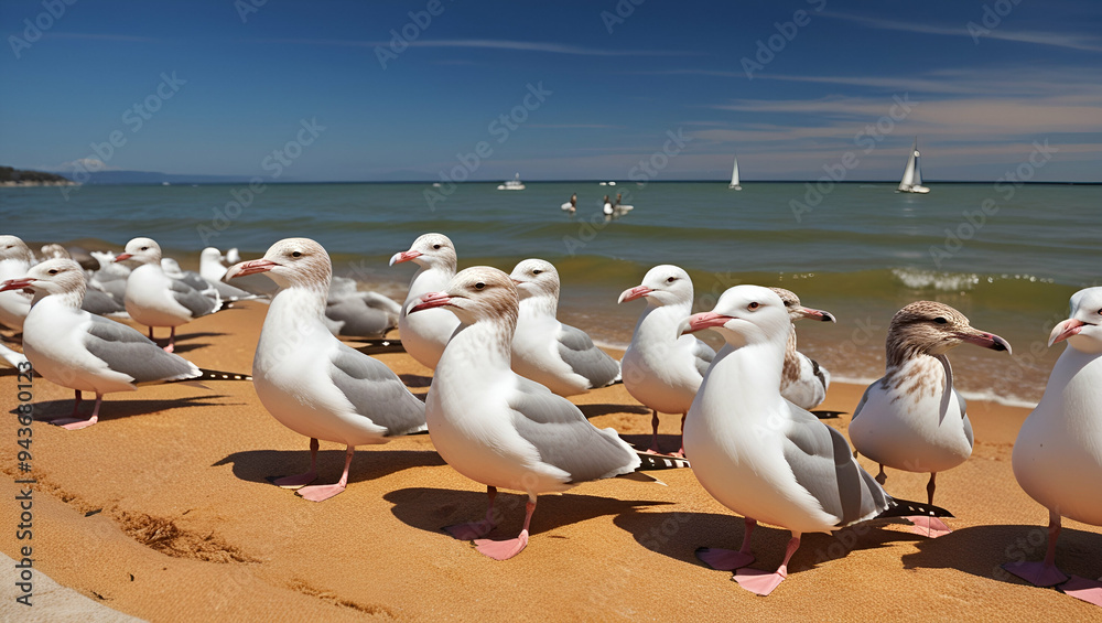 A serene coastal scene featuring a flock of ai generative A serene coastal scene featuring a flock of ai generative