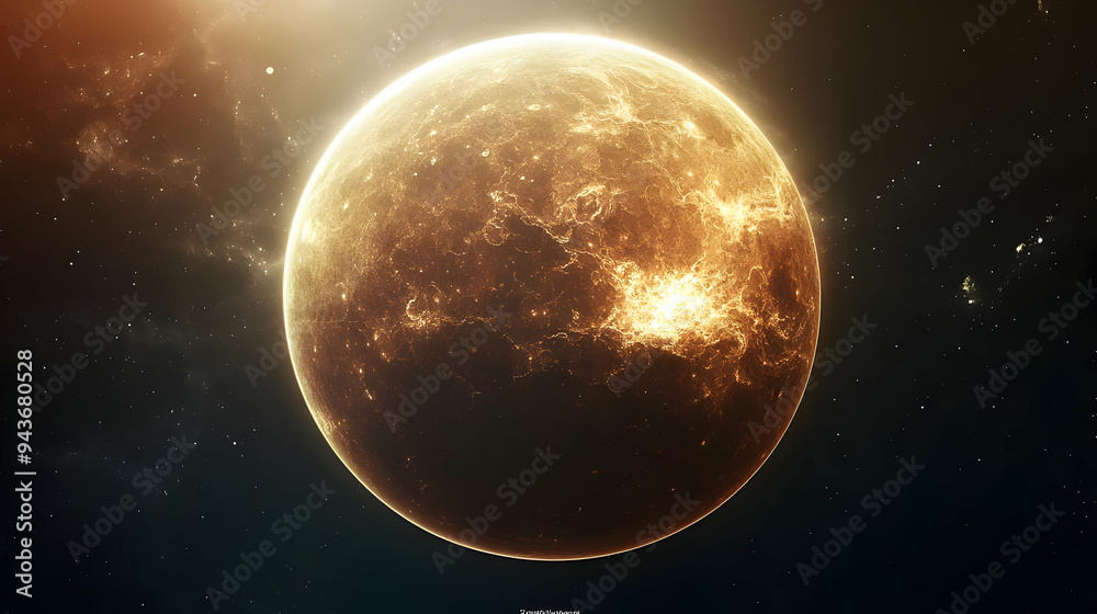 A golden planet with intricate veins and a bright glow surrounded by a dark space with stars. A golden planet with intricate veins and a bright glow surrounded by a dark space with stars.