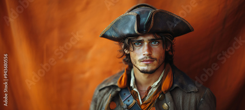 Young man dressed as a pirate for Halloween on an orange banner with space for copy. Perfect for holiday promotions and ads.