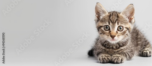 A curious kitten peers down at an empty white banner set against a white background. with copy space image. Place for adding text or design