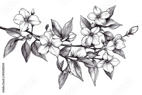 Black and white Vintage engraved art of star jasmine vines, isolated on white background, ink sketch illustration, simple vector art design, highly detailed line art, high contrasty photo