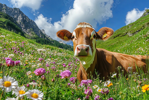 happy brown cow on the alpine pasture between alpine roses and other blooming flowers. beef on the flowered meadows from three stage alpine farming at the lake of Brand. wonderful place in Vorarlberg
