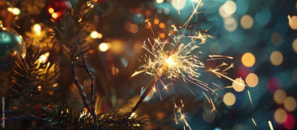 Fototapeta premium Christmas and New Year celebration sparkler with an abstract circular bokeh background of Christmas lights. with copy space image. Place for adding text or design