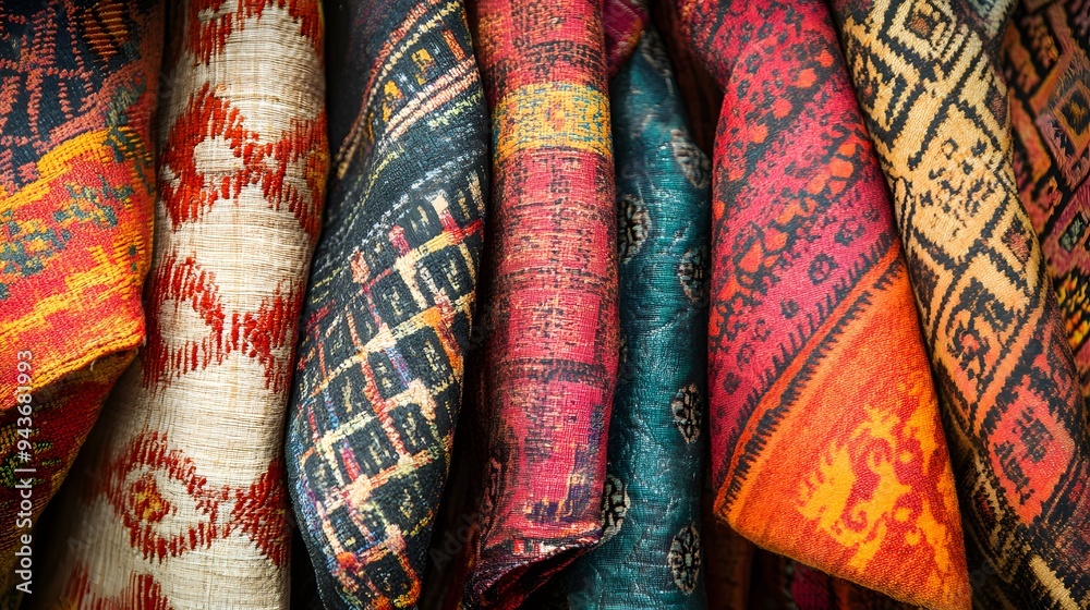 Detailed close-up of woven textiles with vibrant patterns and rich textures from Southeast Asia Detailed close-up of woven textiles with vibrant patterns and rich textures from Southeast Asia