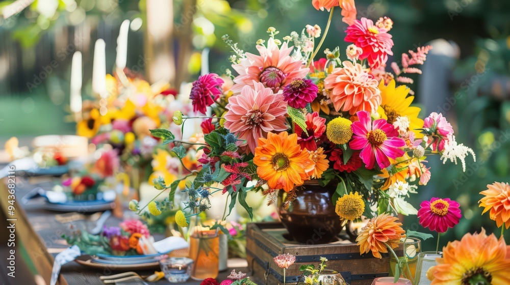 Show a summer garden party setup with vibrant flower arrangements of dahlias, sunflowers, Show a summer garden party setup with vibrant flower arrangements of dahlias, sunflowers,