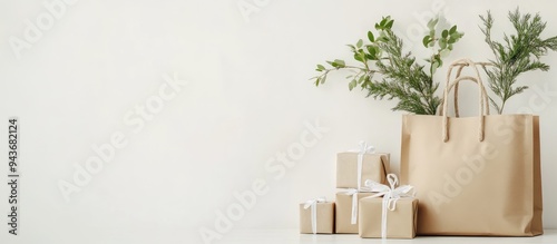 Eco friendly bag wrapped in rippon with paper gift boxes arranged on a white background. with copy space image. Place for adding text or design photo