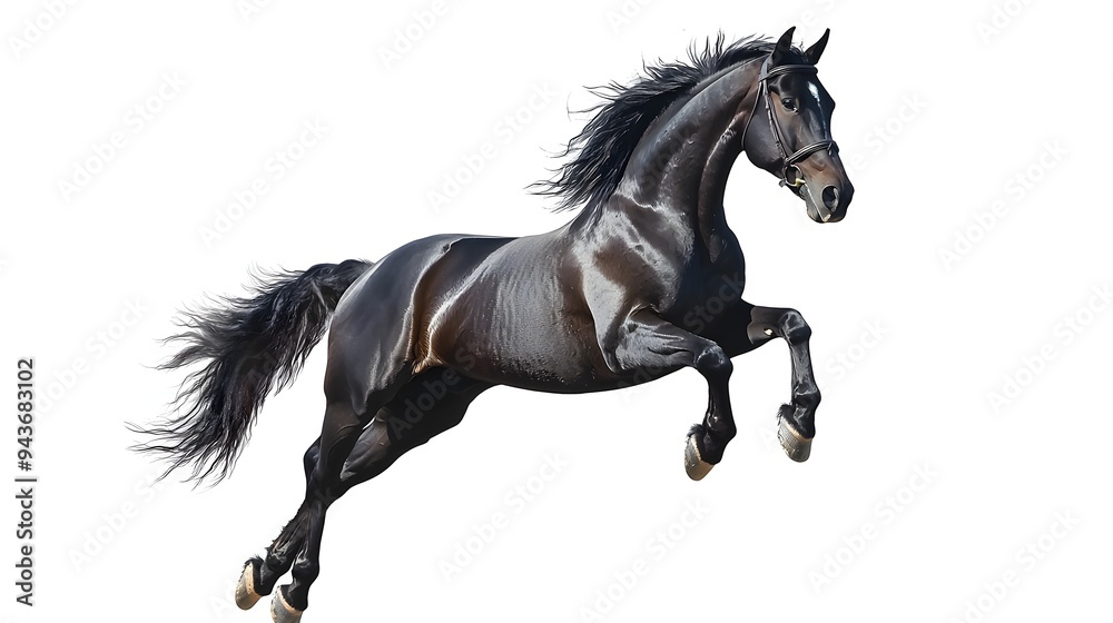Fototapeta premium Majestic Black Stallion Rearing Up On White Background