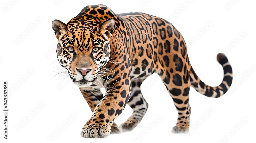 Powerful Spotted Jaguar Prowling Low on White Background Powerful Spotted Jaguar Prowling Low on White Background
