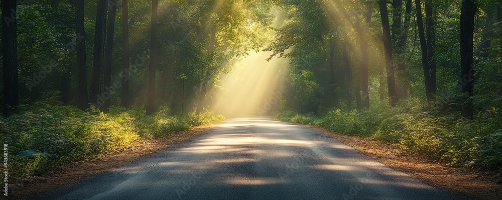 Worn asphalt road leading into a dense forest, with sunlight filtering through the trees, Asphalt Road, Connection between nature and civilization