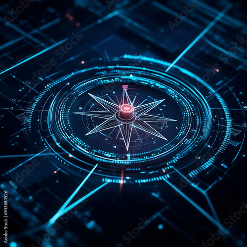 futuristic network of Digital and business transformation connected by lines to a compass shown from eye-level angle with backlighting 