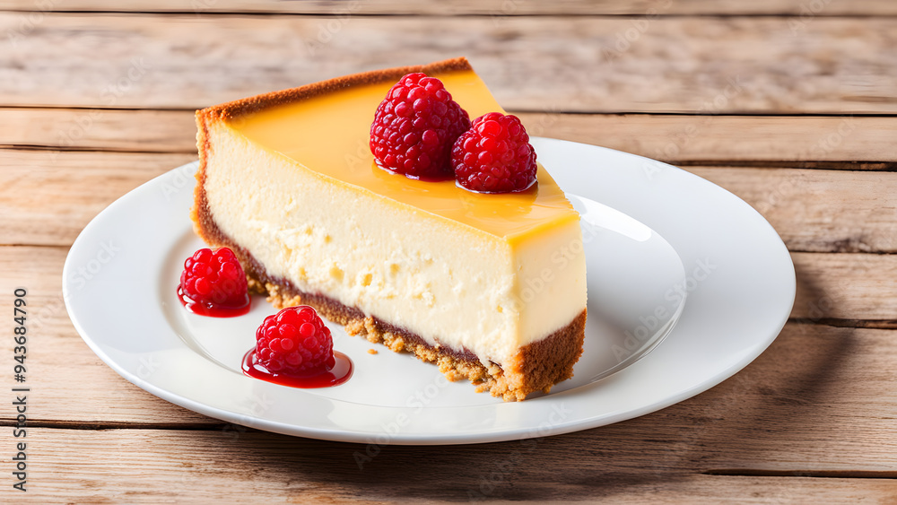 Cheesecake slice, New York style classical cheese cake on wooden background. Slice of tasty cake on white plate served, ai Cheesecake slice, New York style classical cheese cake on wooden background. Slice of tasty cake on white plate served, ai