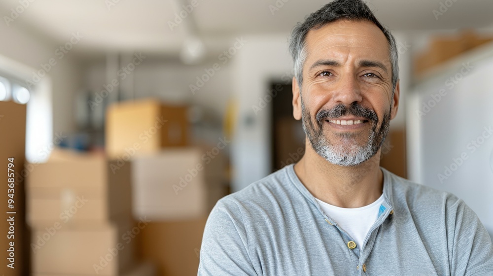 portrait of a hispanic mid-age senior delivery man delivering packaging ...