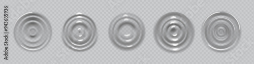 Water ripple effect top view. Vector isolated set of realistic concentric waves and splashes on surface. Texture or effect for pond or river, pool or puddle. Raindrop motion radial shape
