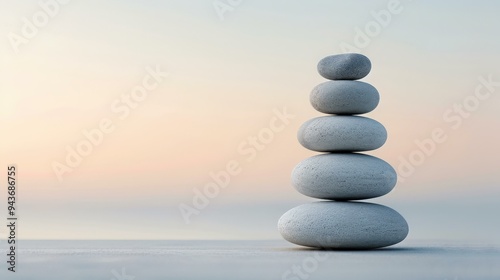 balance stone pyramid on a marble tile floor near window at sunset, spa wellness, relaxation, peaceful ambiance, wallpaper, copy space