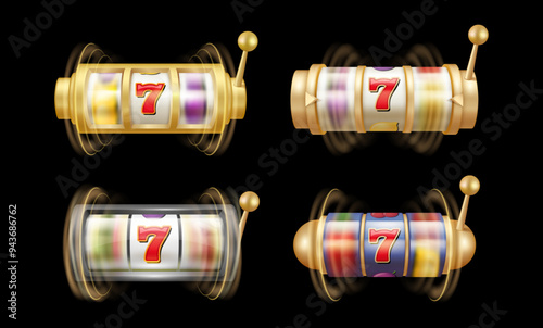 Slot machines, winning money. Vector realistic set of isolated gambling game with lucky sevens. Prize of spinning wheel, victory and success in playing. Lever with 777 and coins, online bets