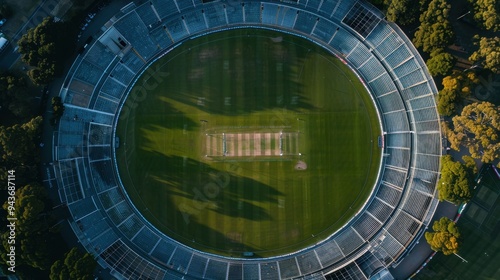 Aerial view of a cricket stadium with a perfectly maintained pitch and empty grandstands